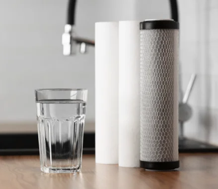 Water Softener Service Glass of water and water filters on a counter